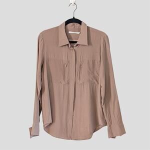 Elaine Kim 100% Silk Utility Blouse M Mauve Hidden Snap Closure Quiet Luxury